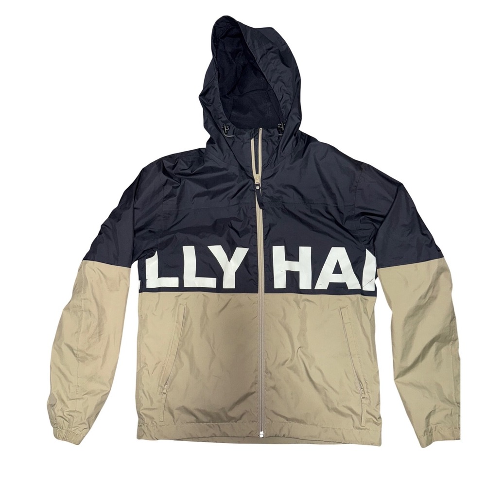 Helly Hansen Gorpcore Style Hooded Windbreaker Jacket Men's S/P Navy Tan Logo